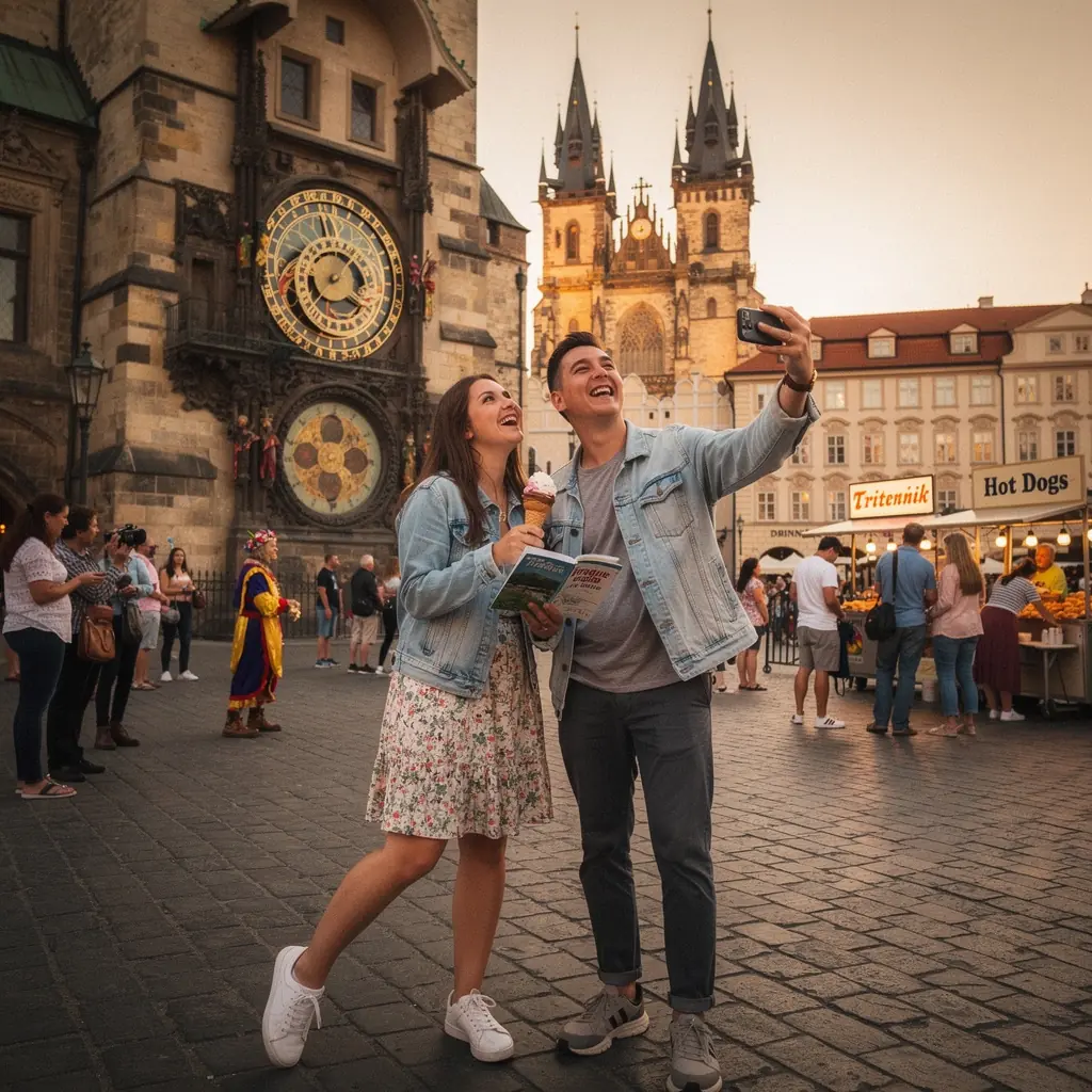 Malebná vesnice s tradičními chalupami a květinovými zahradami v letním slunci.