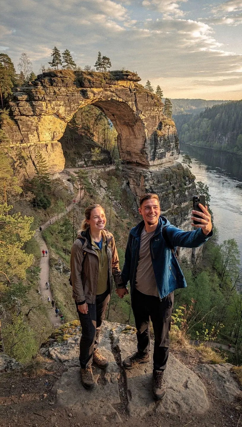 Pohled na historické město s dominantními věžemi a kostely, obklopené přírodou.