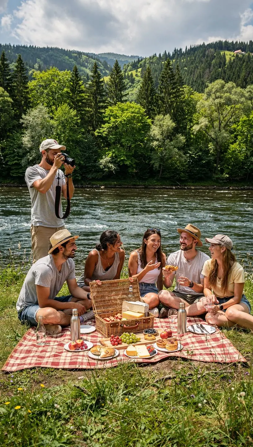 Silnice vinoucí se podél řeky, s cyklisty a chodci užívajícími si krásy přírody.